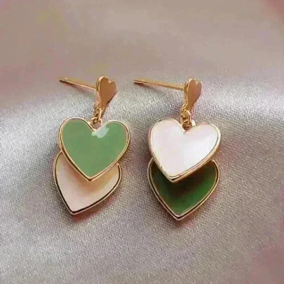 Double Green and White Heart Drop Earrings - Picture 3 of 4